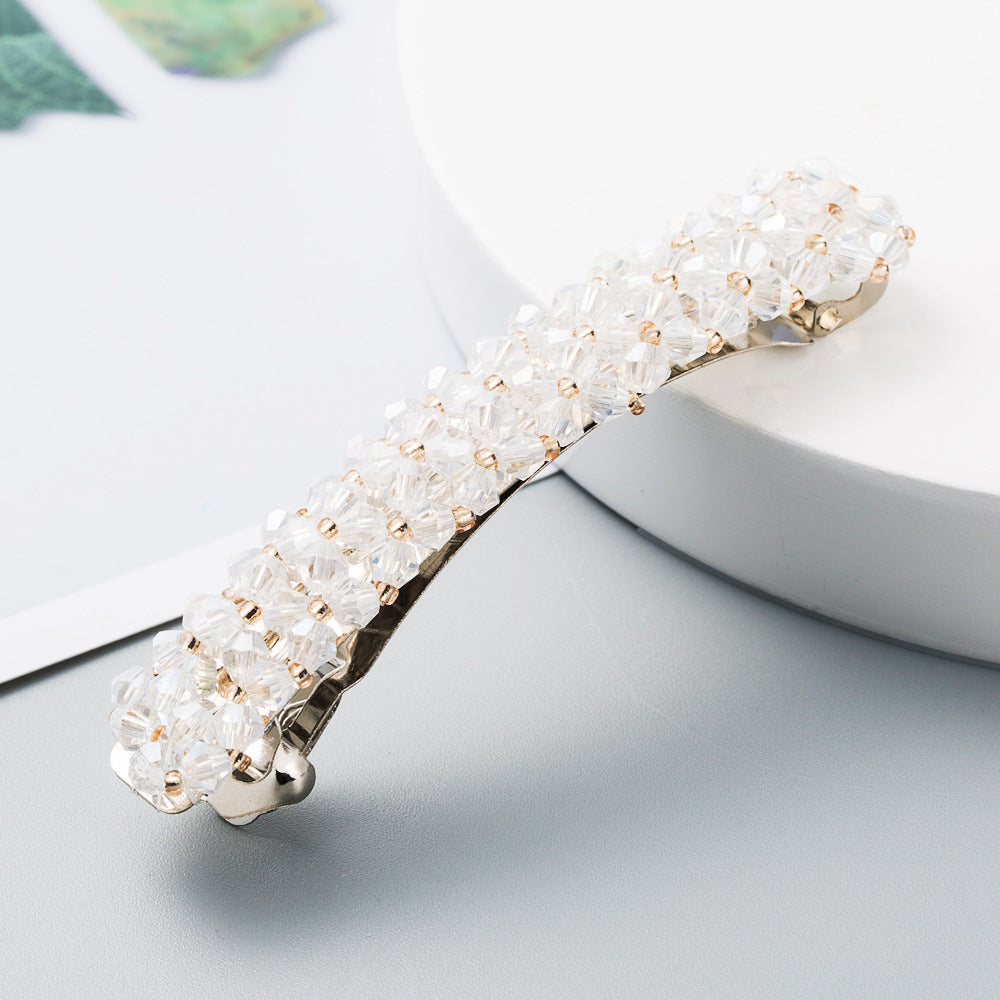 Korean Style Retro Crystal Beaded Hair Clip Simple Wild One Word Clip Female Side Clip Spring Clip Korean Hair Accessories